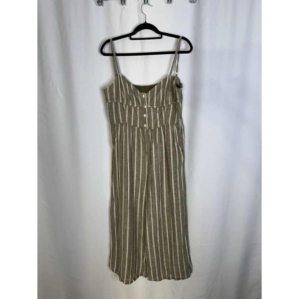 Madewell Size 10 Olive Green Striped Linen Blend Button Front Jumpsuit Wide Leg
